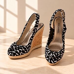 Michael Kors Womens 7.5 Black White Geometric Peep Toe Slingback Cork Wedges